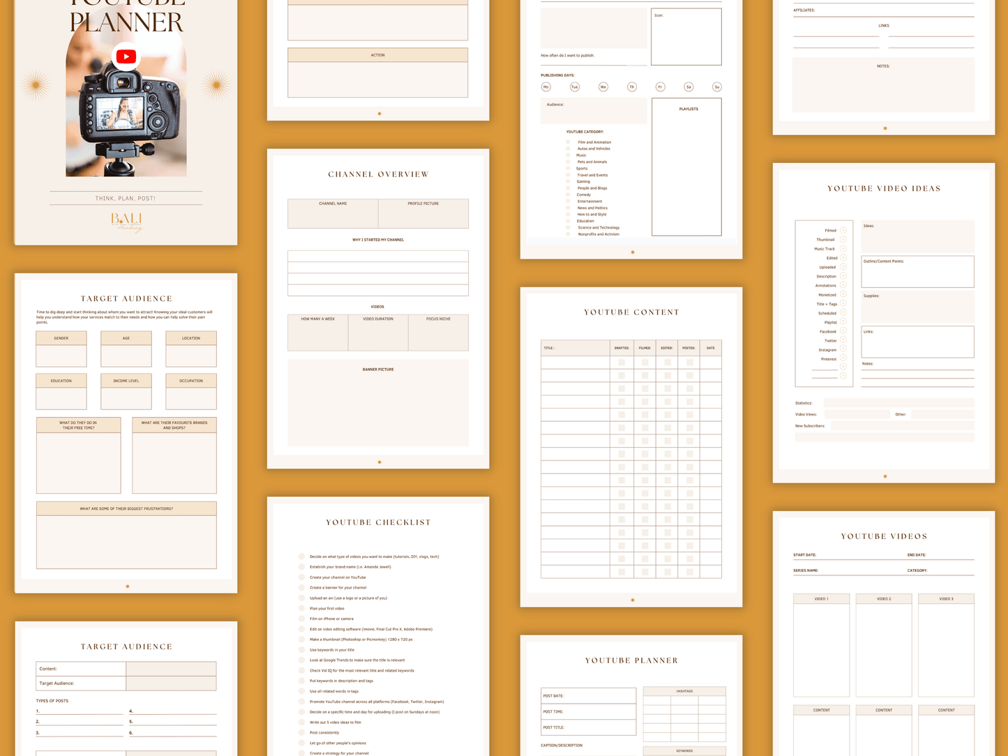 Aesthetic and boho done-for-you planner templates which include e.g. target audience, channel overview, video ideas, etc. perfect for your business. It's editable in Canva.