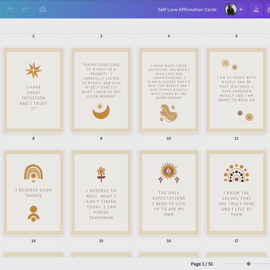 Boho and aesthetic self love affirmation card templates with aesthetic font which say e.g. "I am powerful and unstoppable", "I am worthy of love, happiness and success", "I am an incredible woman" and much more for your business. They are printable and editable in Canva.