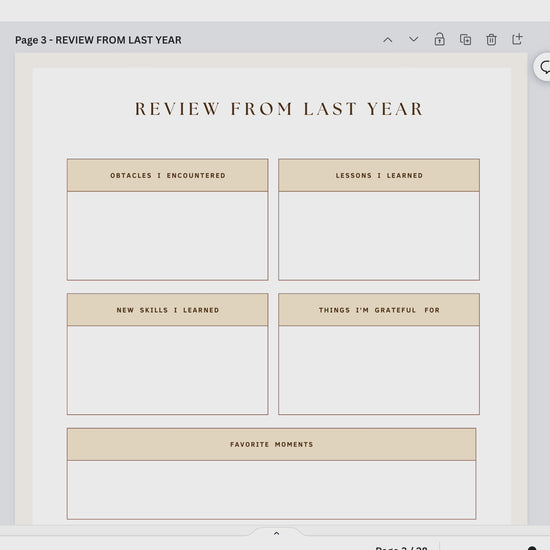 Aesthetic and boho personal growth planner templates which include e.g. goal overview, goal reflection, goal action plan and much more for your business. It's editable in Canva.